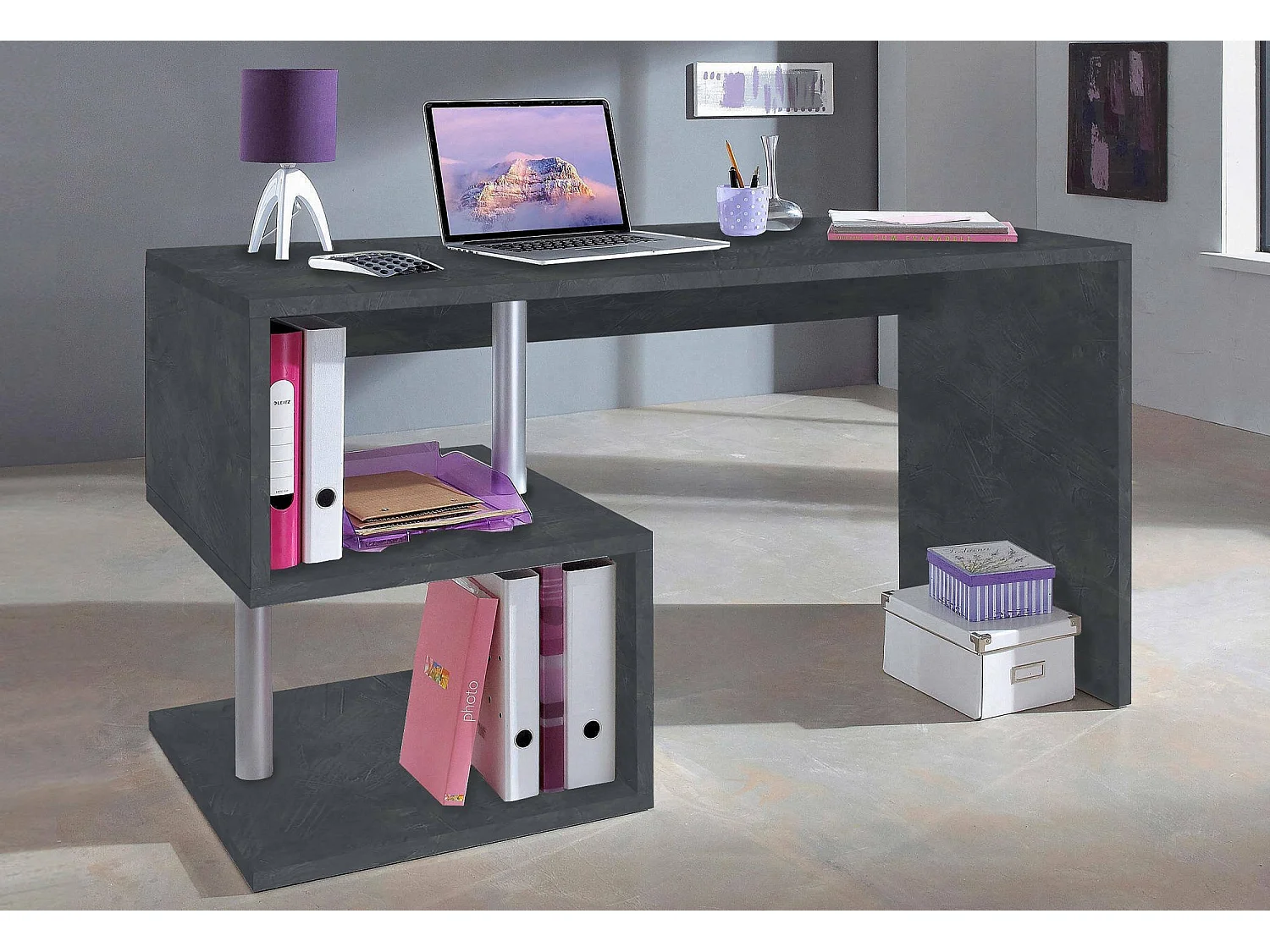 Bureau Valerio, Bureau PC Linéaire, Table de bureau polyvalente, Bureau gain de place multi-positions, 100% Made in Italy, 140x60h78 cm, Ardoise
