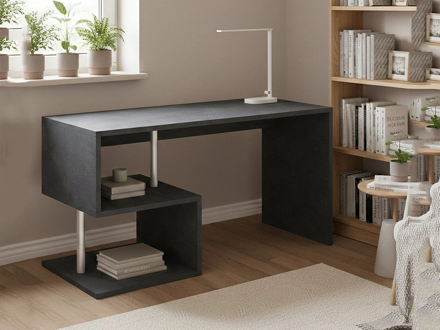 Bureau Valerio, Bureau PC Linéaire, Table de bureau polyvalente, Bureau gain de place multi-positions, 100% Made in Italy, 140x60h78 cm, Ardoise