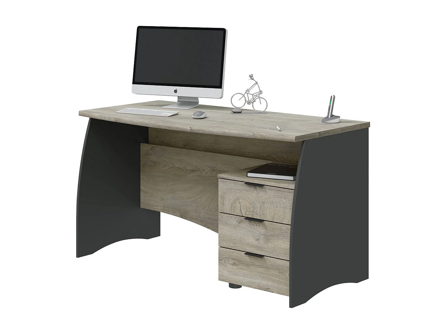 Secretária Carrollton, Secretária de escritório, Mesa de estudo para PC com 3 gavetas, 136x67h74 cm, Carvalho e Antracite