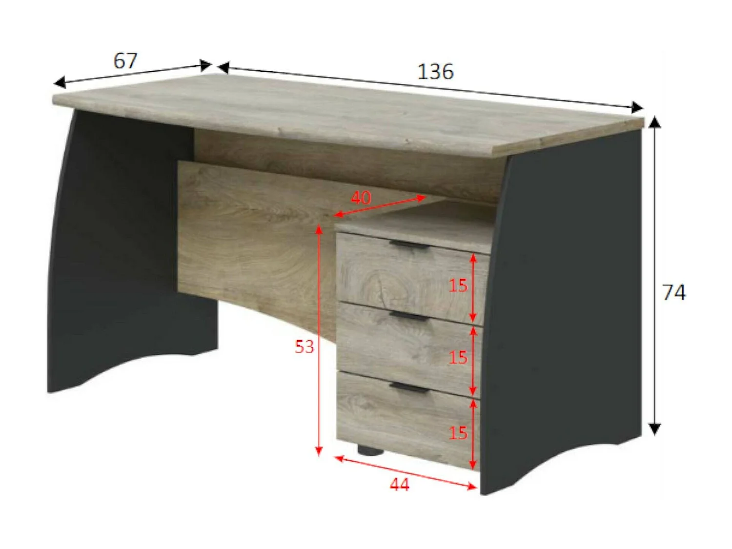 Dmora Bureau Carrollton 67x136x74h cm Antraciet Zwart 3 Laden en 1 Plank, Structuurmateriaal in Gefineerd Hout