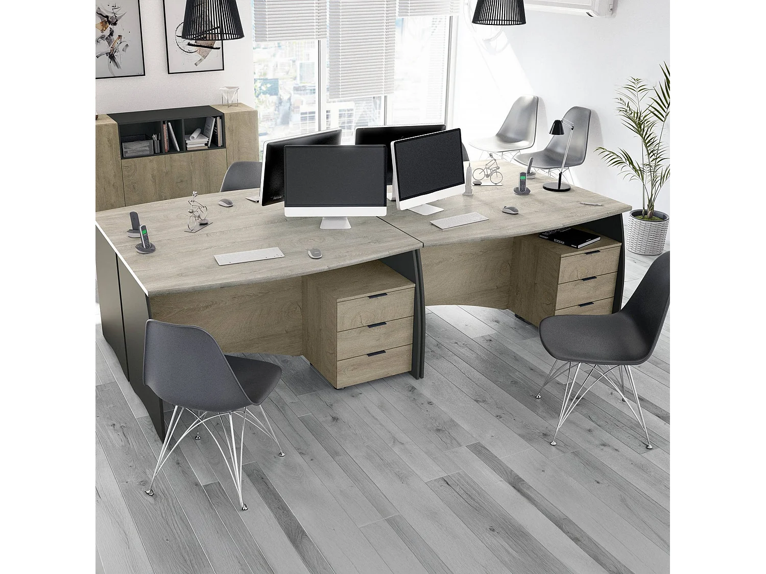 Bureau Carrollton, Bureau, Table d'étude PC avec 3 tiroirs, 136x67h74 cm, Chêne et Anthracite