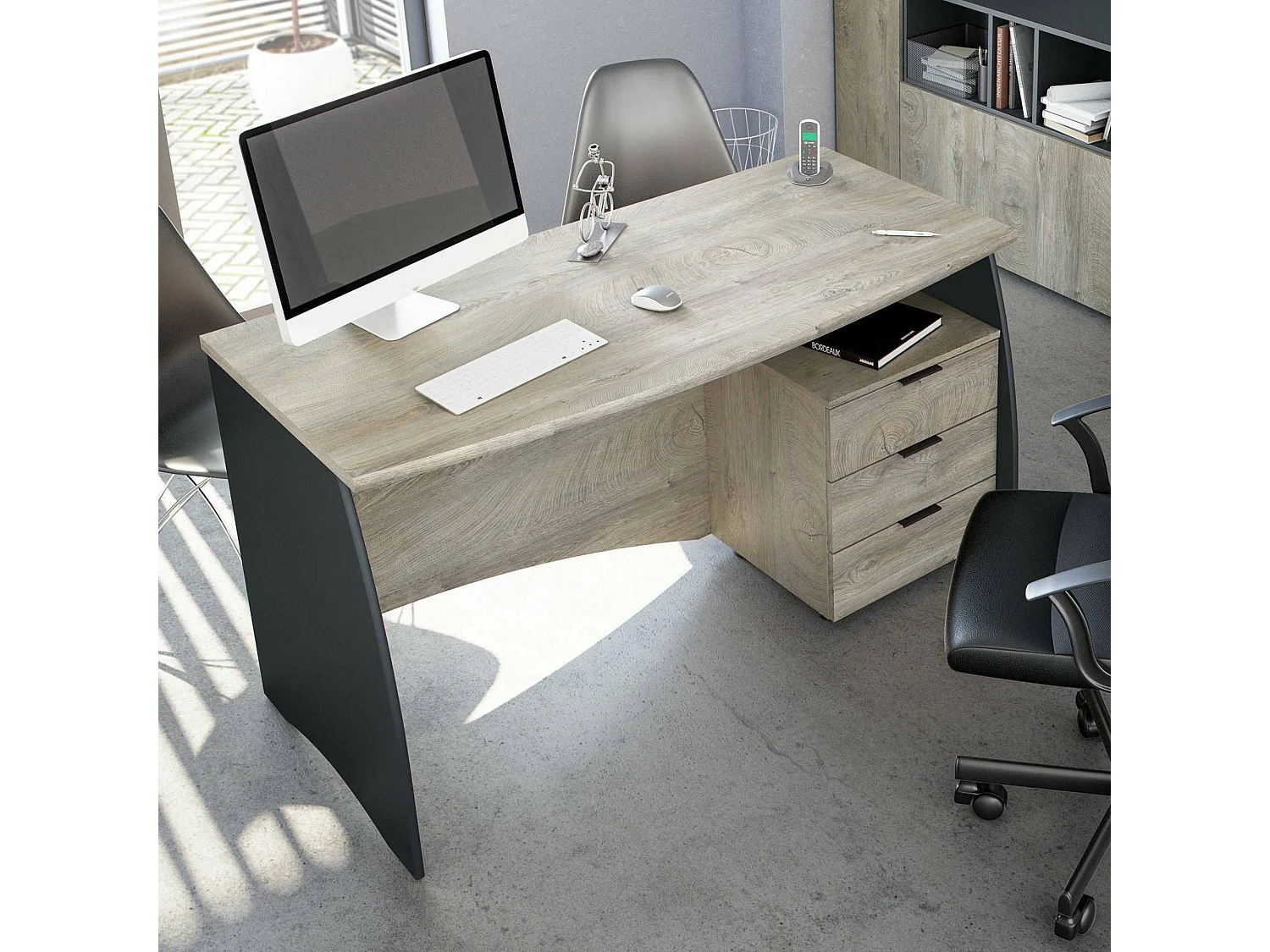 Dmora Bureau Carrollton 67x136x74h cm Antraciet Zwart 3 Laden en 1 Plank, Structuurmateriaal in Gefineerd Hout