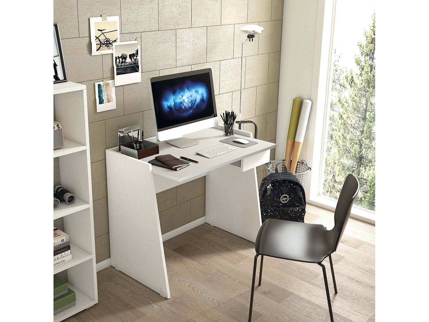 Bureau Calendula, Bureau moderne avec tiroir, Table d'étude ou de bureau, Porte-livre PC, 100% Made in Italy, 90x60h80 cm, Blanc