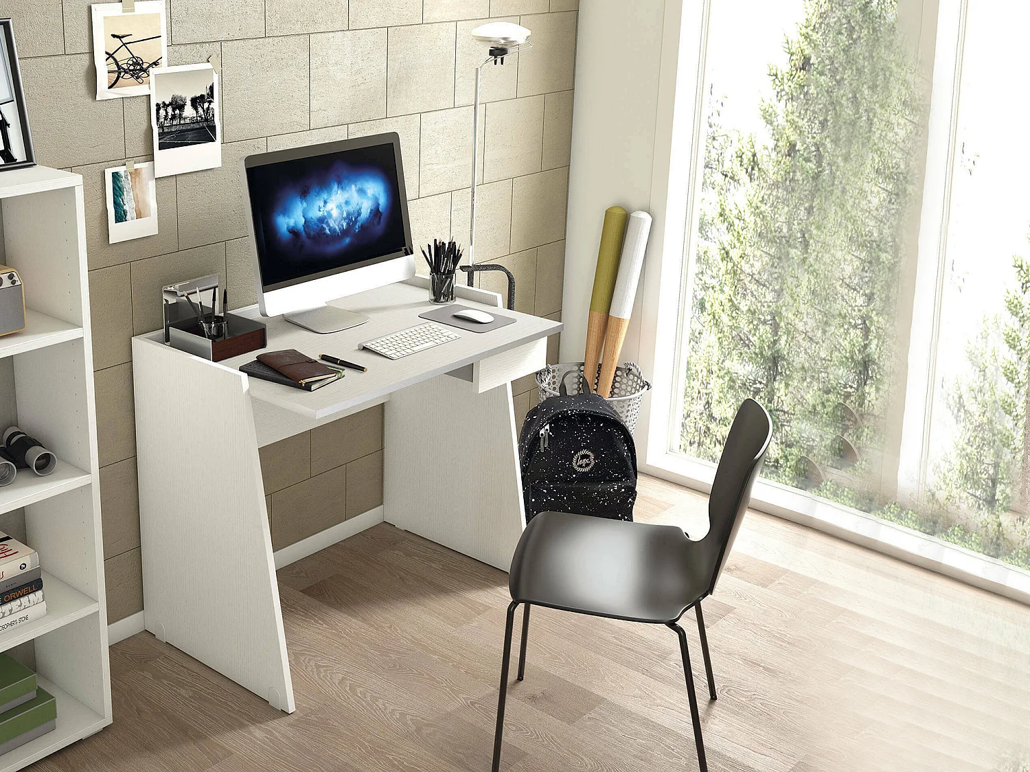 Bureau Calendula, Bureau moderne avec tiroir, Table d'étude ou de bureau, Porte-livre PC, 100% Made in Italy, 90x60h80 cm, Blanc