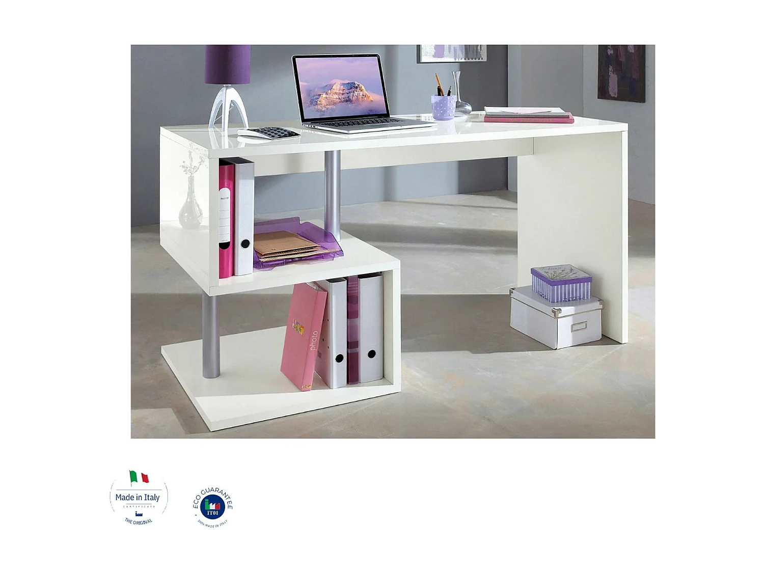 Bureau Valerio, Bureau PC Linéaire, Table de bureau polyvalente, Bureau gain de place multi-positions, 100% Made in Italy, 140x60h78 cm, Blanc brillant