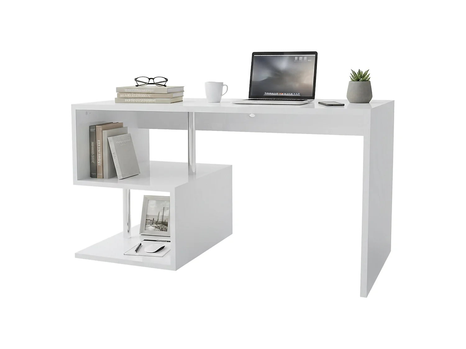 Bureau Valerio, Bureau PC Linéaire, Table de bureau polyvalente, Bureau gain de place multi-positions, 100% Made in Italy, 140x60h78 cm, Blanc brillant