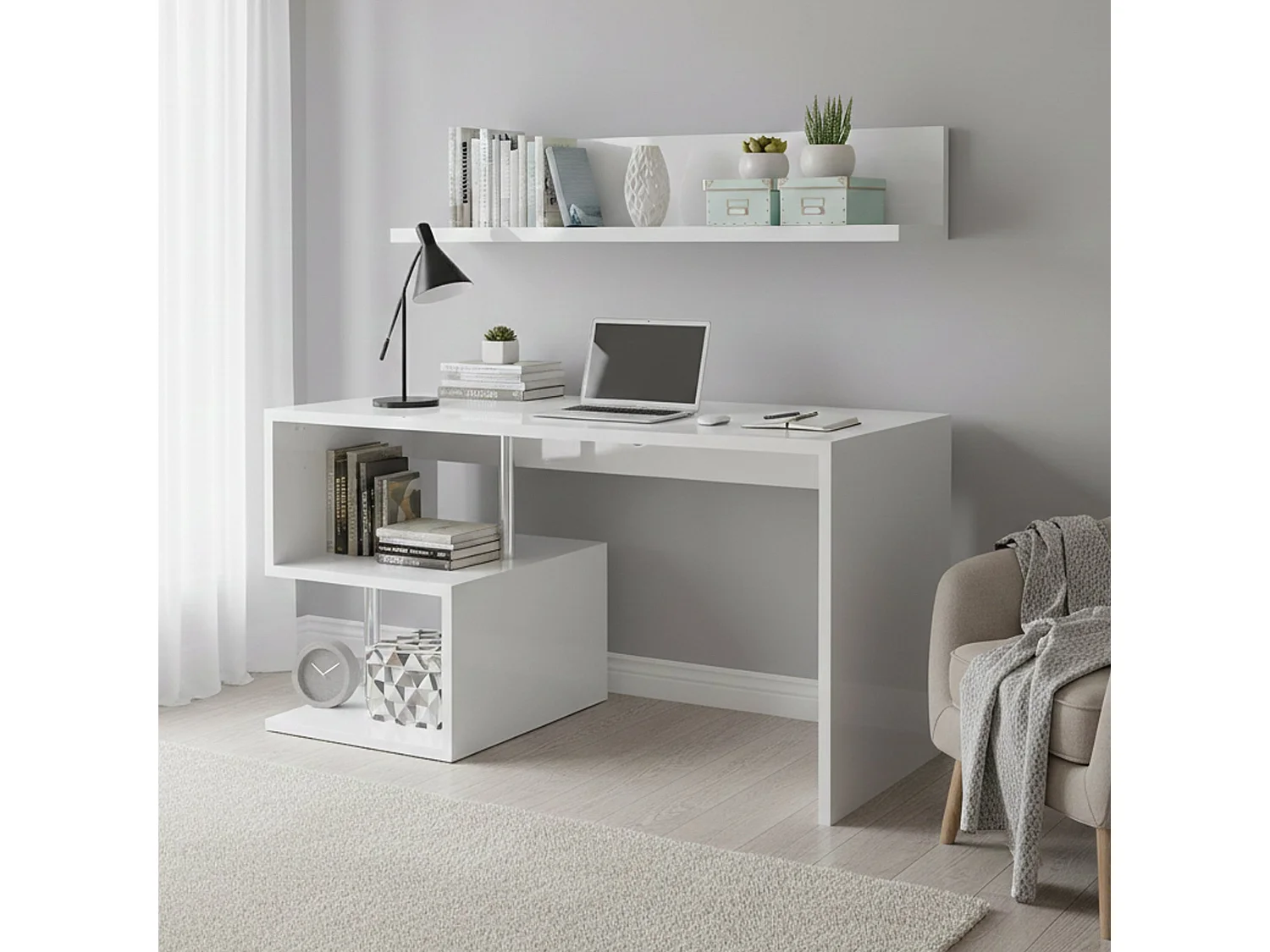 Bureau Valerio, Bureau PC Linéaire, Table de bureau polyvalente, Bureau gain de place multi-positions, 100% Made in Italy, 140x60h78 cm, Blanc brillant