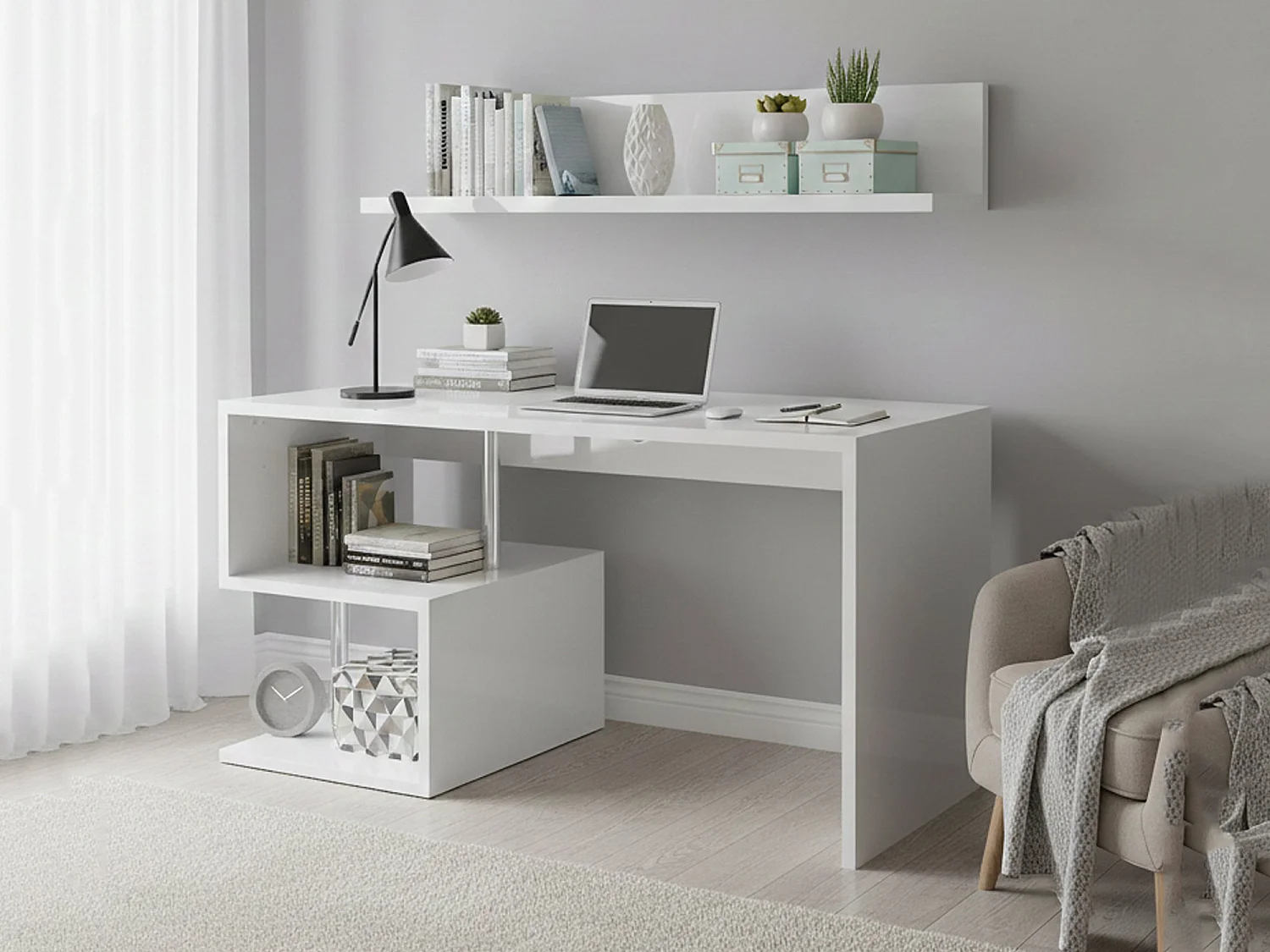 Bureau Valerio, Bureau PC Linéaire, Table de bureau polyvalente, Bureau gain de place multi-positions, 100% Made in Italy, 140x60h78 cm, Blanc brillant