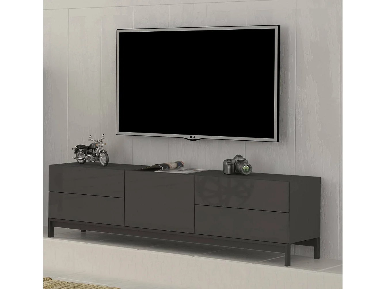 Meuble TV Omar, Buffet bas de salon, Base pour meuble TV, 100% Made in Italy, 170x40h47 cm, Anthracite Brillant