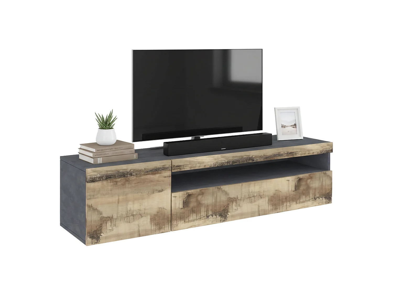 Móvel de TV Claudio, Aparador baixo de sala, Base de móvel de televisão, 100% Fabricado na Itália, 150x40h37 cm, Ardósia e Bordo