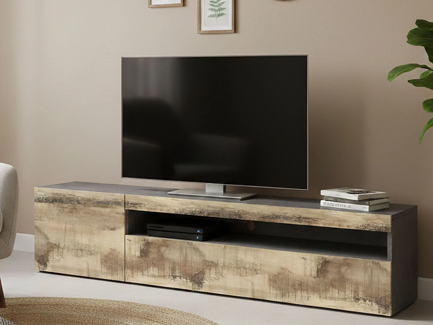 Móvel de TV Claudio, Aparador baixo de sala, Base de móvel de televisão, 100% Fabricado na Itália, 150x40h37 cm, Ardósia e Bordo