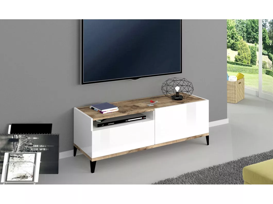 Kauf Unique TV-Schrank Bryan, niedriges Wohnzimmer-Sideboard, Fernsehständer-Basis, 100 % Made in Italy, 120 x 40 x 47 cm, glänzendes Weiß und Ahorn,