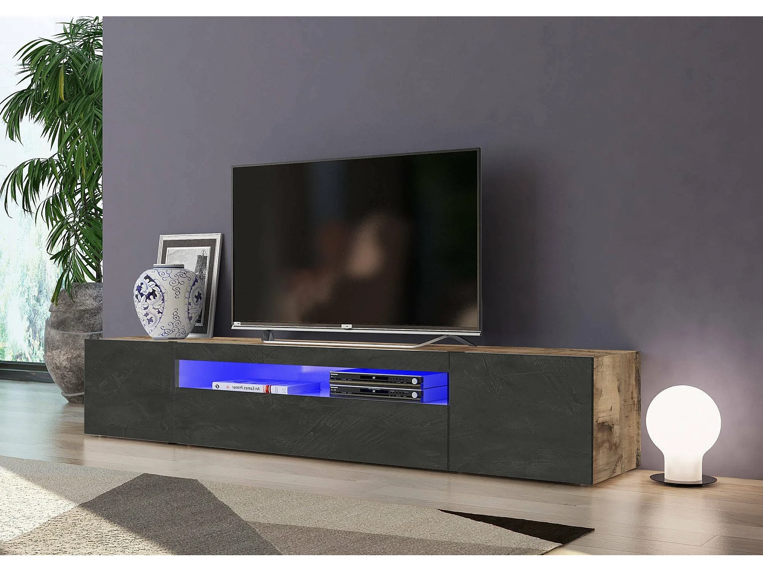 Jesse Mueble para TV, Aparador bajo de salón con 3 puertas, Base para mueble para televisión, 100% Made in Italy, 200x40h37 cm, Arce y Pizarra, con luz LED