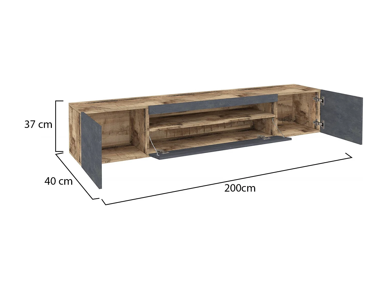 Jesse Mueble para TV, Aparador bajo de salón con 3 puertas, Base para mueble para televisión, 100% Made in Italy, 200x40h37 cm, Arce y Pizarra, con luz LED