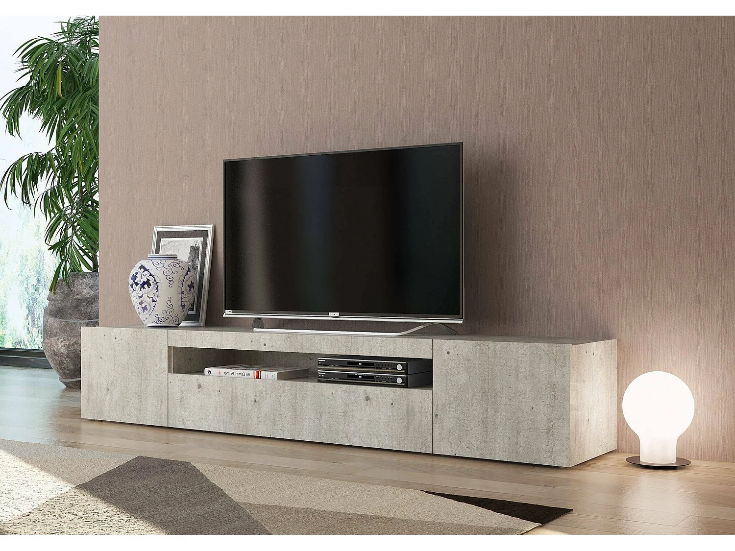 Mobile porta TV Jesse, Credenza bassa da soggiorno a 3 ante, Base porta televisione, 100% Made in Italy, cm 200x40h37, Cemento