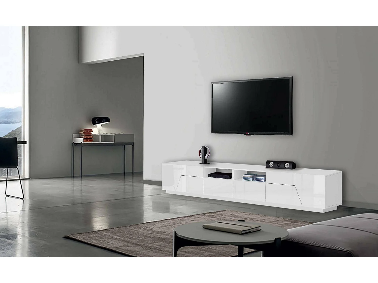 Meuble TV Gregorio, Buffet bas de salon avec 4 portes, Base pour meuble TV, 100% Made in Italy, 260x43h46 cm, Blanc brillant