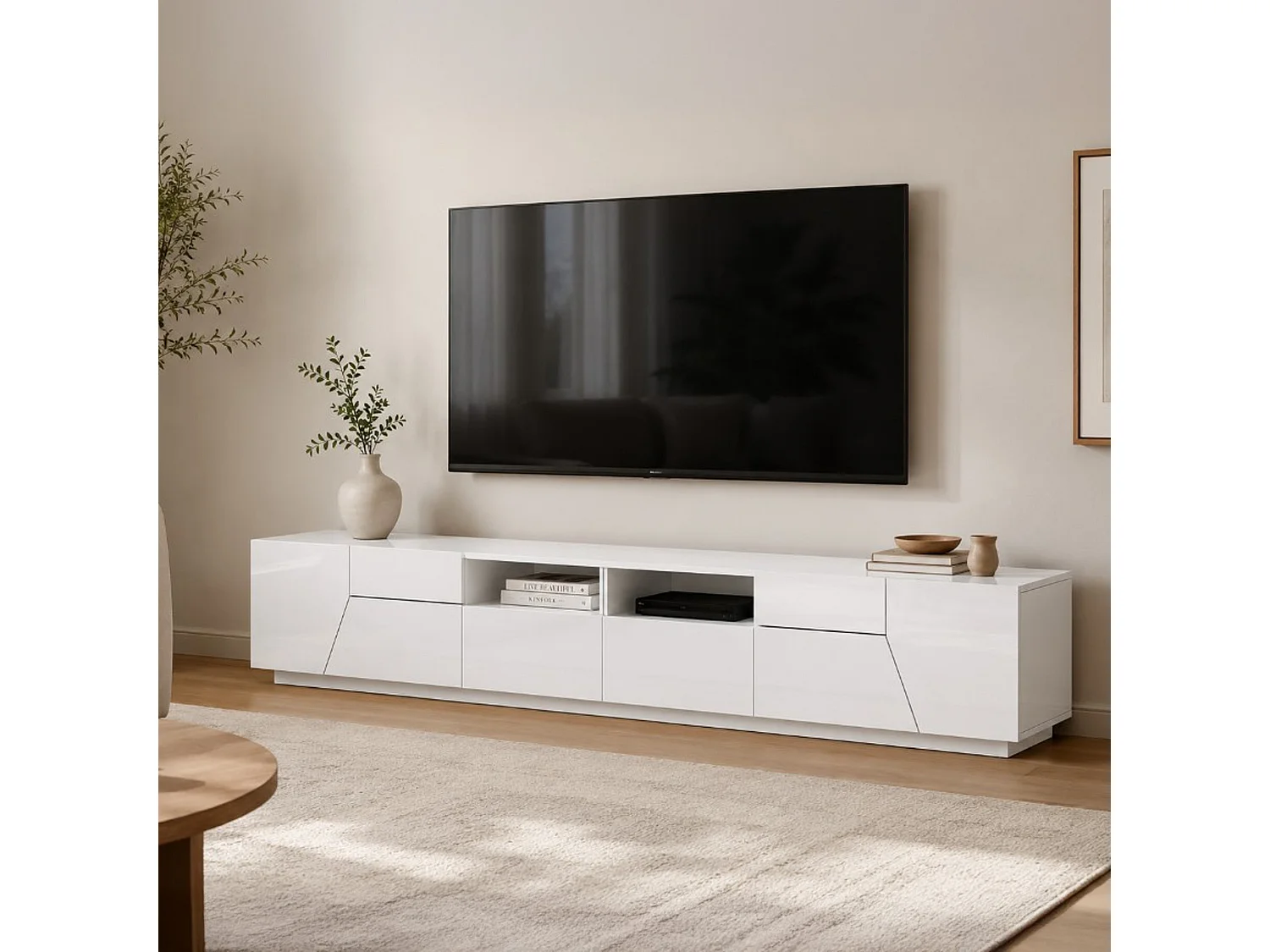 Meuble TV Gregorio, Buffet bas de salon avec 4 portes, Base pour meuble TV, 100% Made in Italy, 260x43h46 cm, Blanc brillant