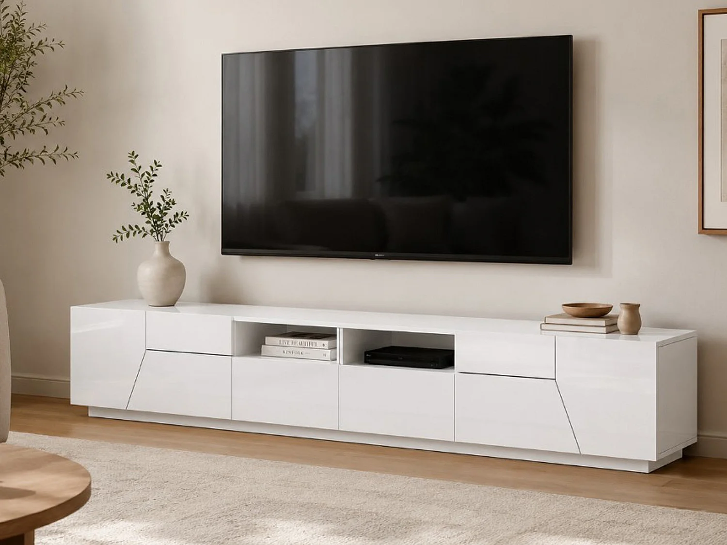 Móvel de TV Gregorio, Aparador baixo de sala com 4 portas, Base de móvel de televisão, 100% Fabricado em Itália, 260x43h46 cm, Branco brilhante