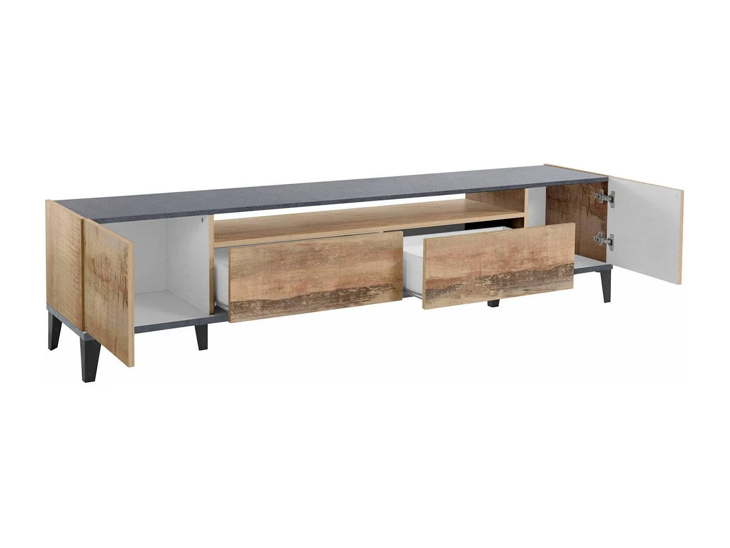 TV-Schrank Raffaele, niedriges Wohnzimmer-Sideboard mit 2 Türen, Fernsehständer-Basis, 100 % Made in Italy, 200 x 40 x 47 cm, Schiefer und Ahorn,