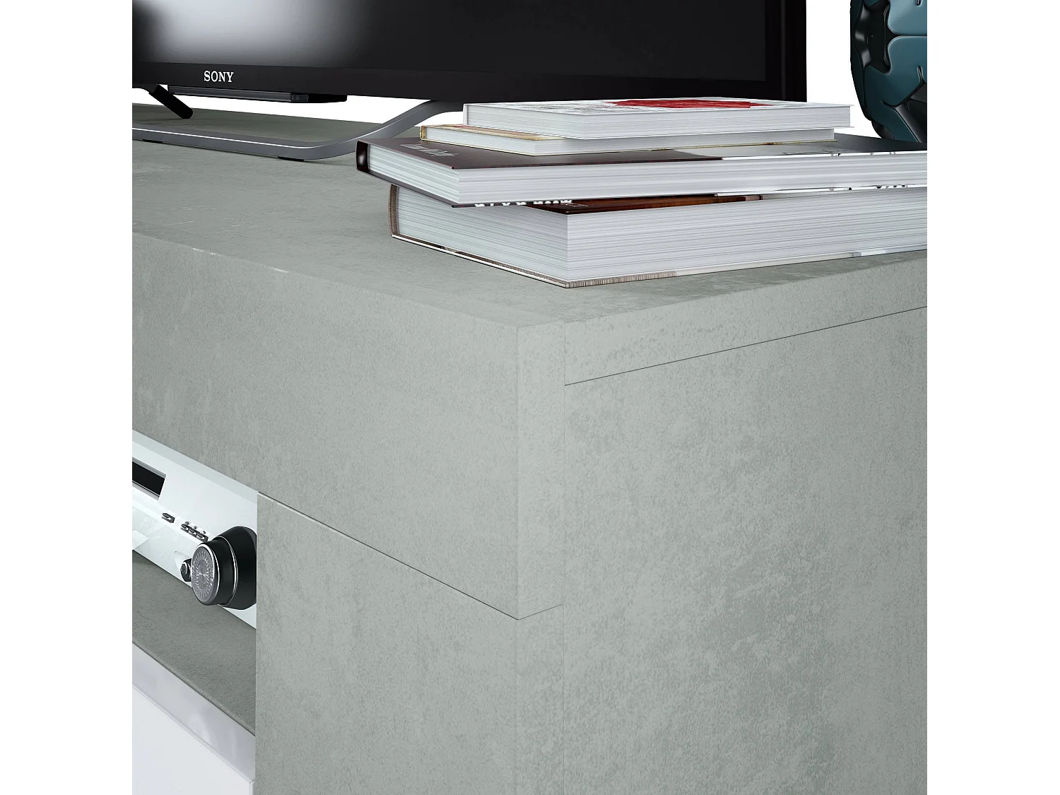 Meuble TV Stamford, Buffet pour télévision de salon, Meuble TV 2 portes, Buffet bas pour salon, 120x42h40 cm, Blanc et Ciment