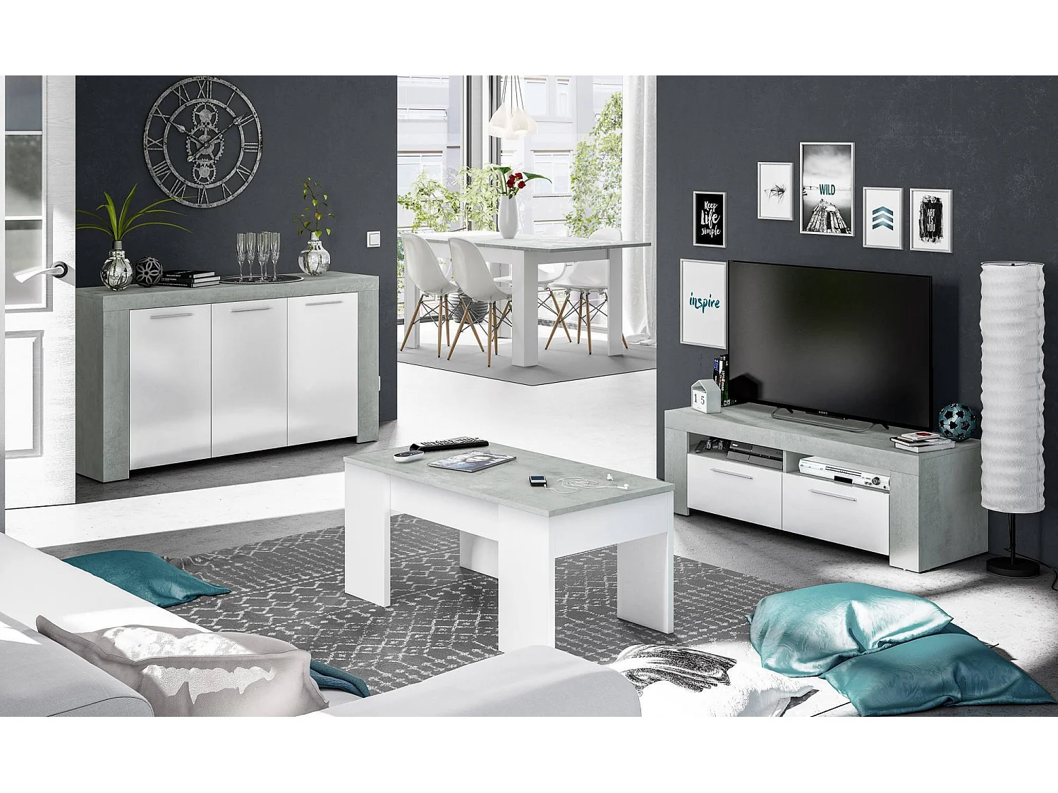 Meuble TV Stamford, Buffet pour télévision de salon, Meuble TV 2 portes, Buffet bas pour salon, 120x42h40 cm, Blanc et Ciment