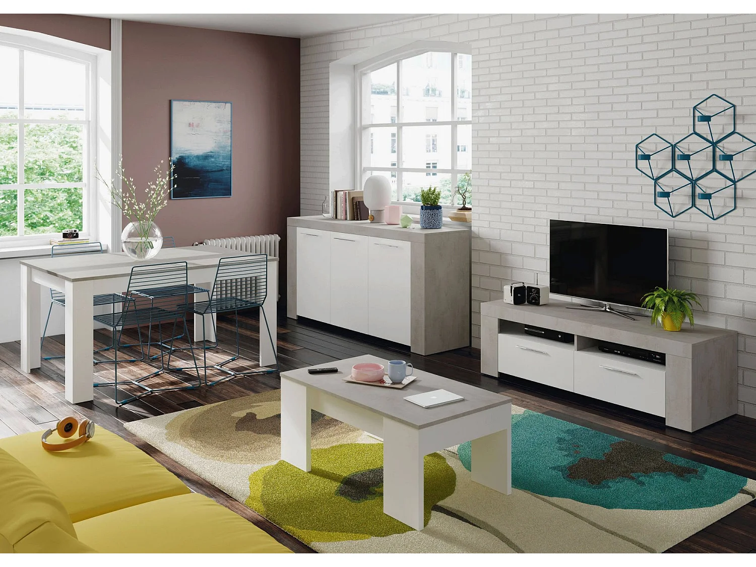 Stamford TV-meubel, Dressoir voor televisie in de woonkamer, 2-deurs TV-meubel, Laag dressoir voor woonkamer, 120x42h40 cm, Wit en Cement