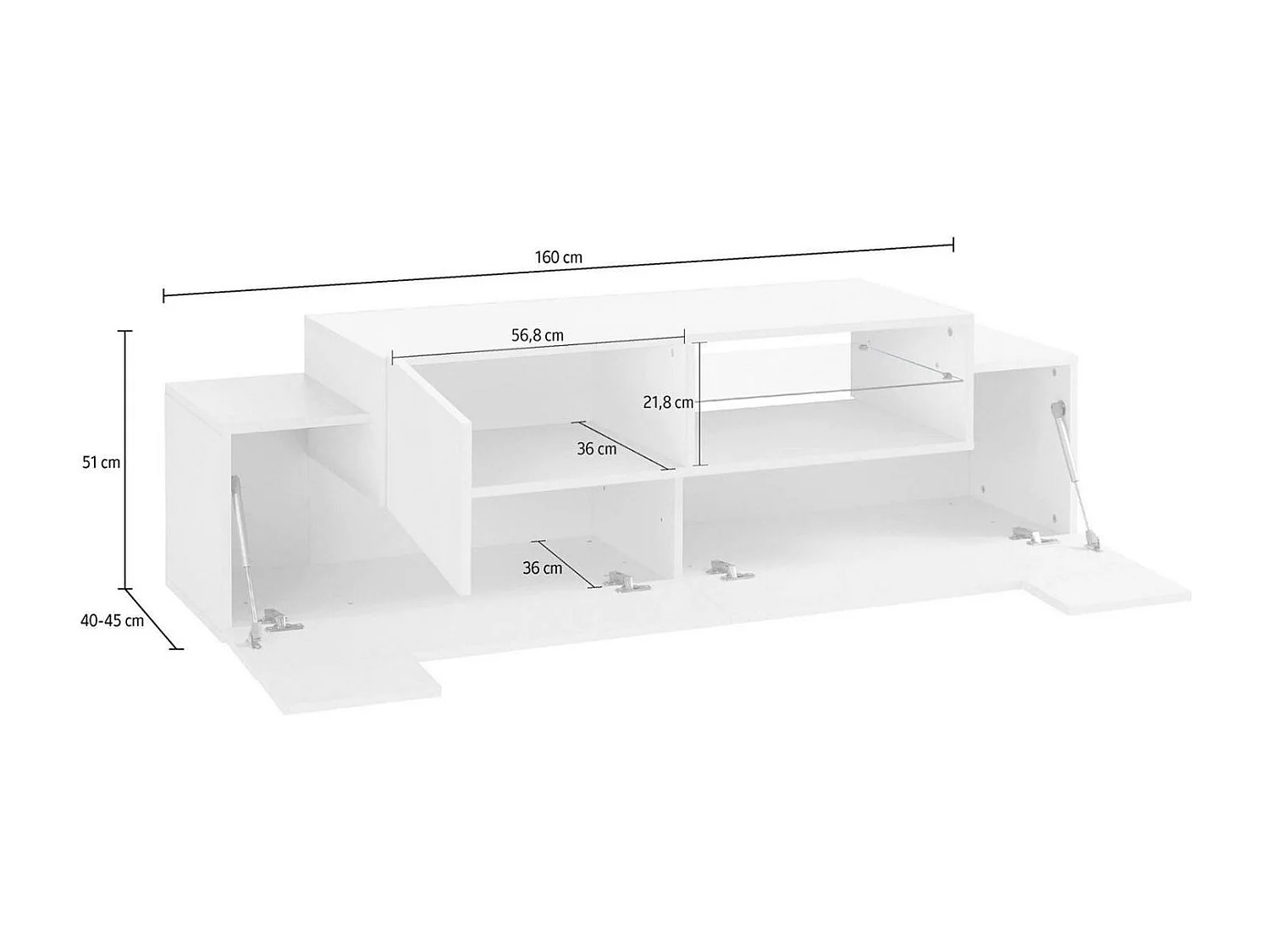 Dmora TV-meubel Pablo 45x160x51h cm Wit Glans 2 Planken 3 Vakjes, 3 Deuren Made in Italy