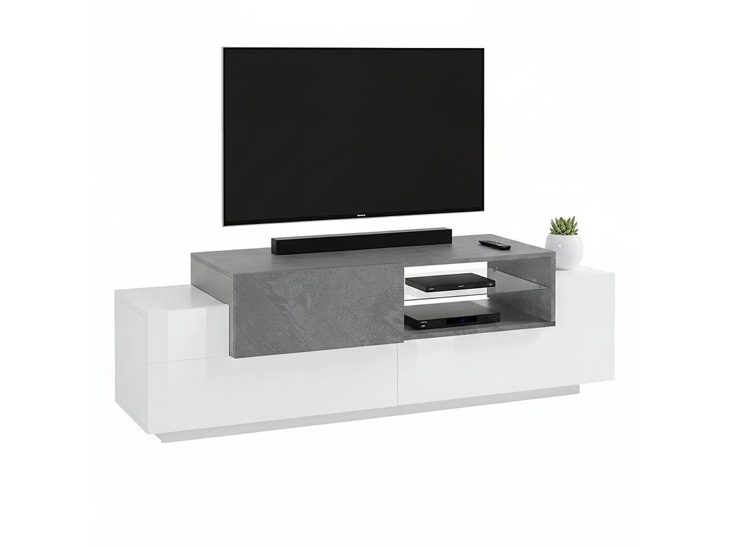 Dmora TV-meubel Pablo 45x160x51h cm Wit Glans 2 Planken 3 Vakjes, 3 Deuren Made in Italy