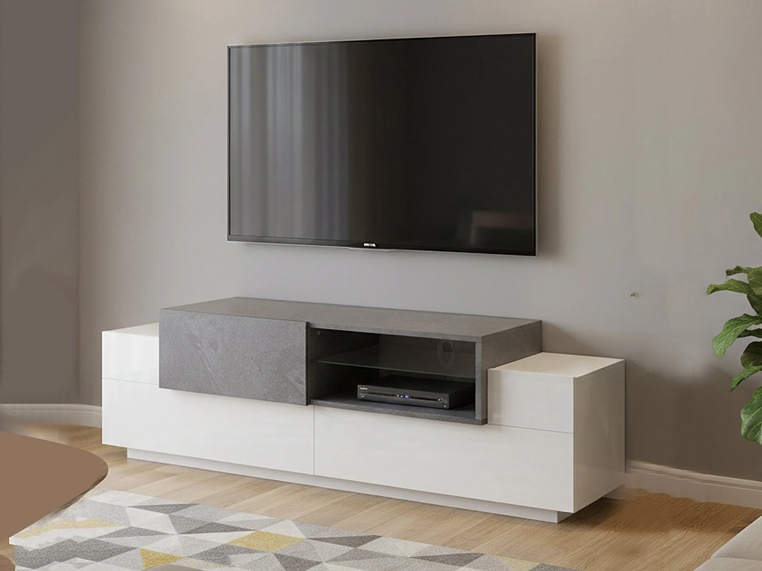 Dmora TV-meubel Pablo 45x160x51h cm Wit Glans 2 Planken 3 Vakjes, 3 Deuren Made in Italy