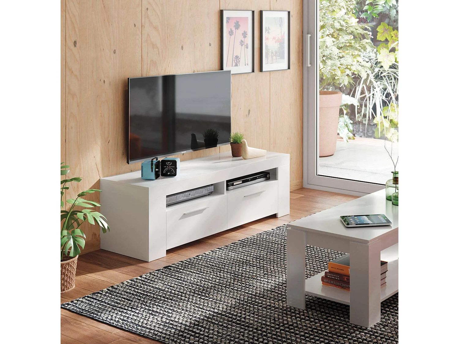 Meuble TV Stamford, Buffet pour télévision de salon, Meuble TV 2 portes, Buffet bas pour salon, 120x42h40 cm, Blanc brillant