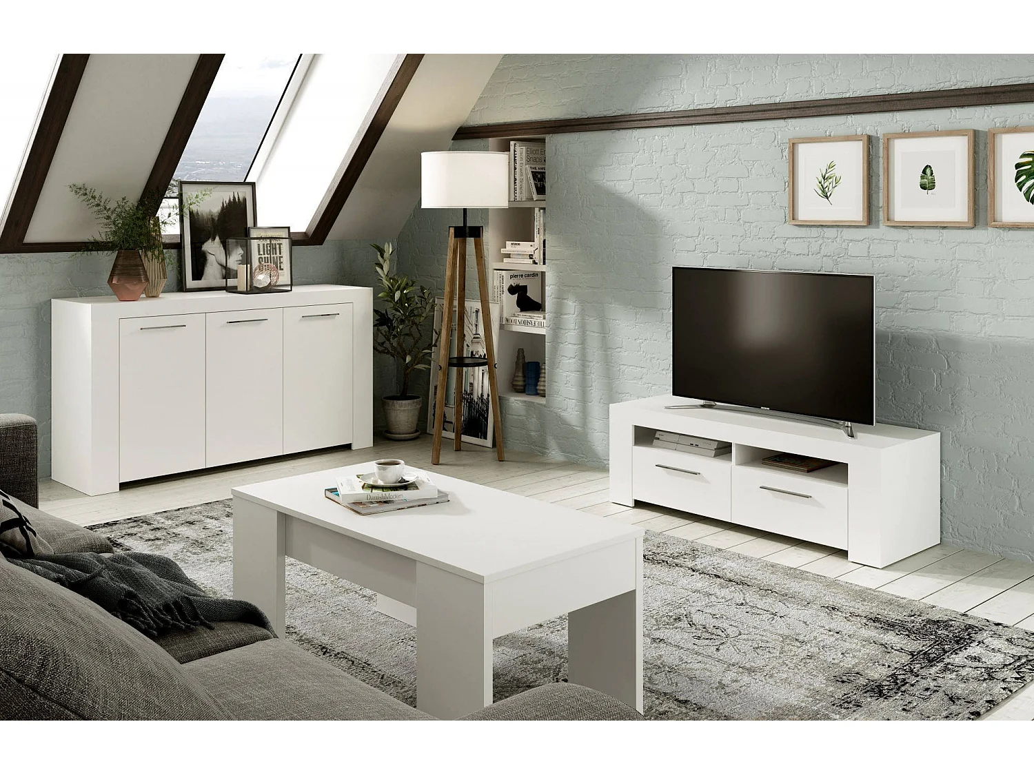 Meuble TV Stamford, Buffet pour télévision de salon, Meuble TV 2 portes, Buffet bas pour salon, 120x42h40 cm, Blanc brillant