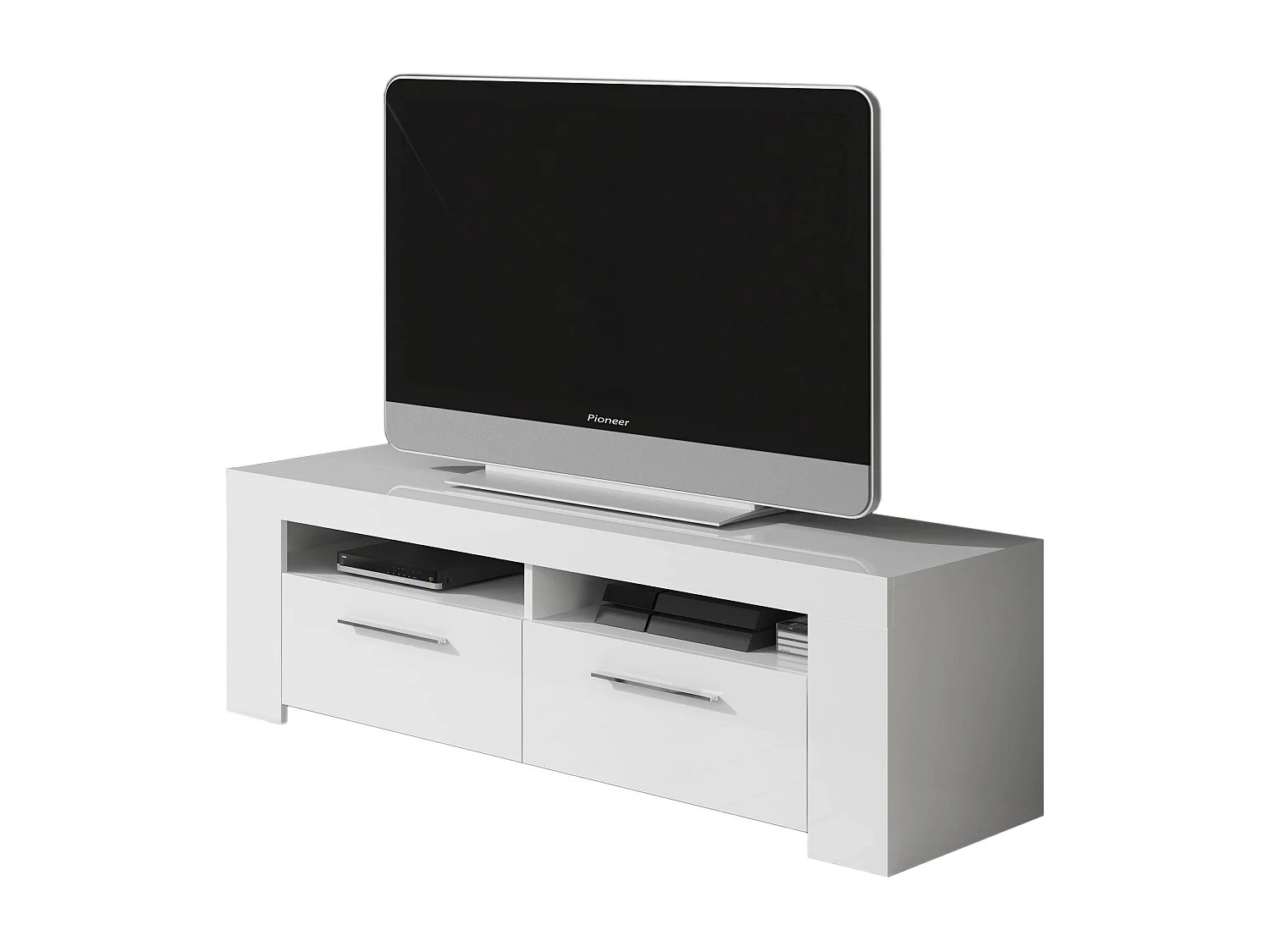 Meuble TV Stamford, Buffet pour télévision de salon, Meuble TV 2 portes, Buffet bas pour salon, 120x42h40 cm, Blanc brillant
