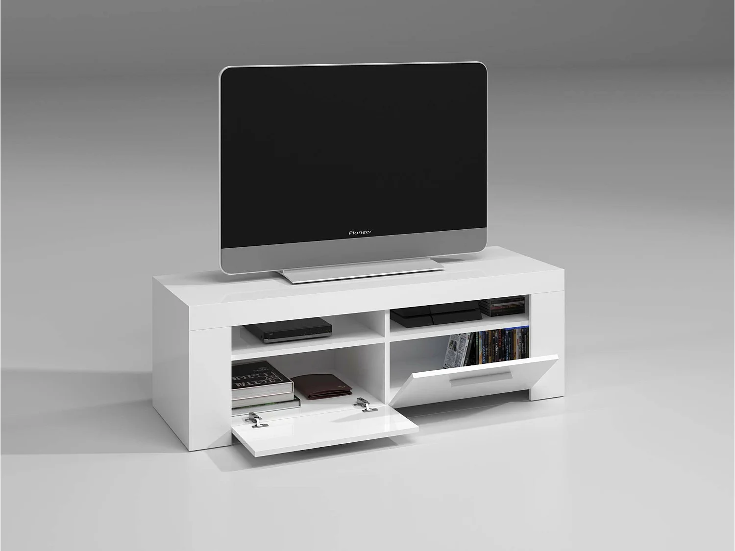 Meuble TV Stamford, Buffet pour télévision de salon, Meuble TV 2 portes, Buffet bas pour salon, 120x42h40 cm, Blanc brillant