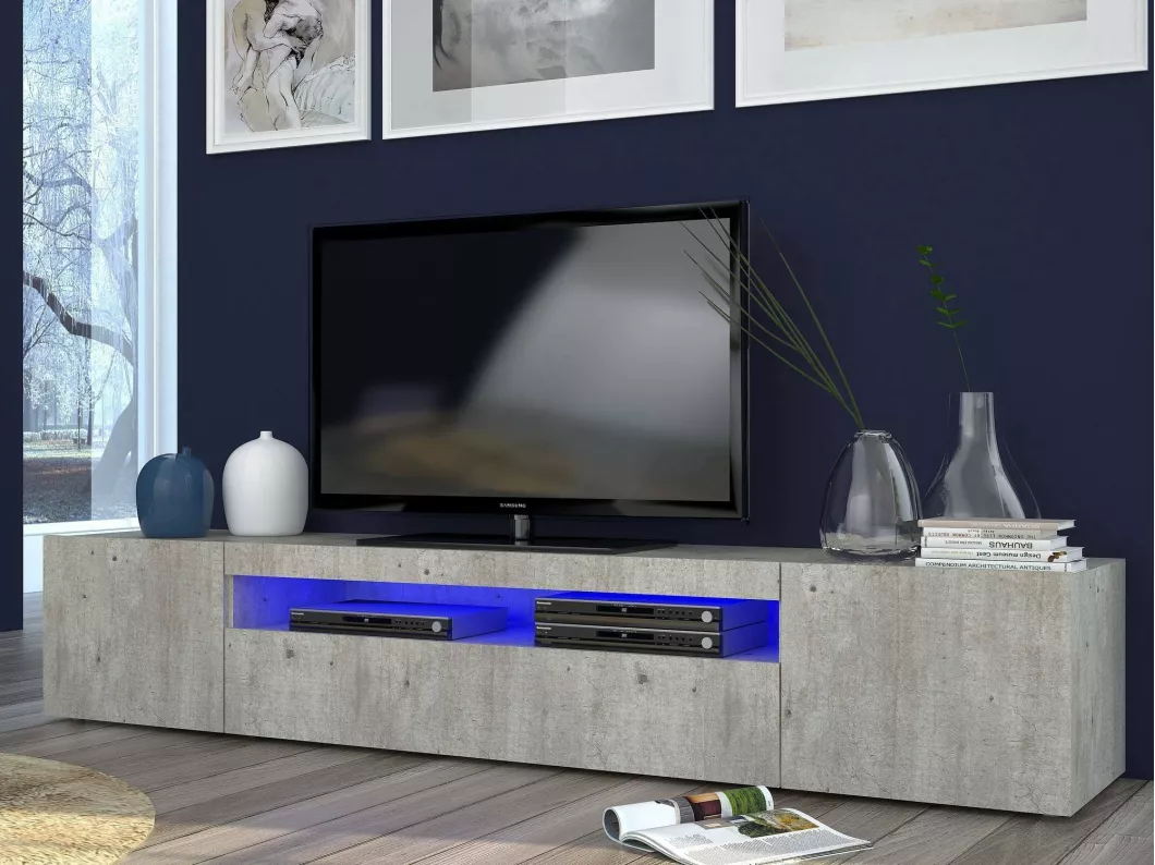 Kauf Unique TV-Schrank Jesse, niedriges Wohnzimmer-Sideboard mit 3 Türen, Fernsehständer-Basis, 100 % Made in Italy, 200 x 40 x 37 cm, Zement, mit LED-Licht