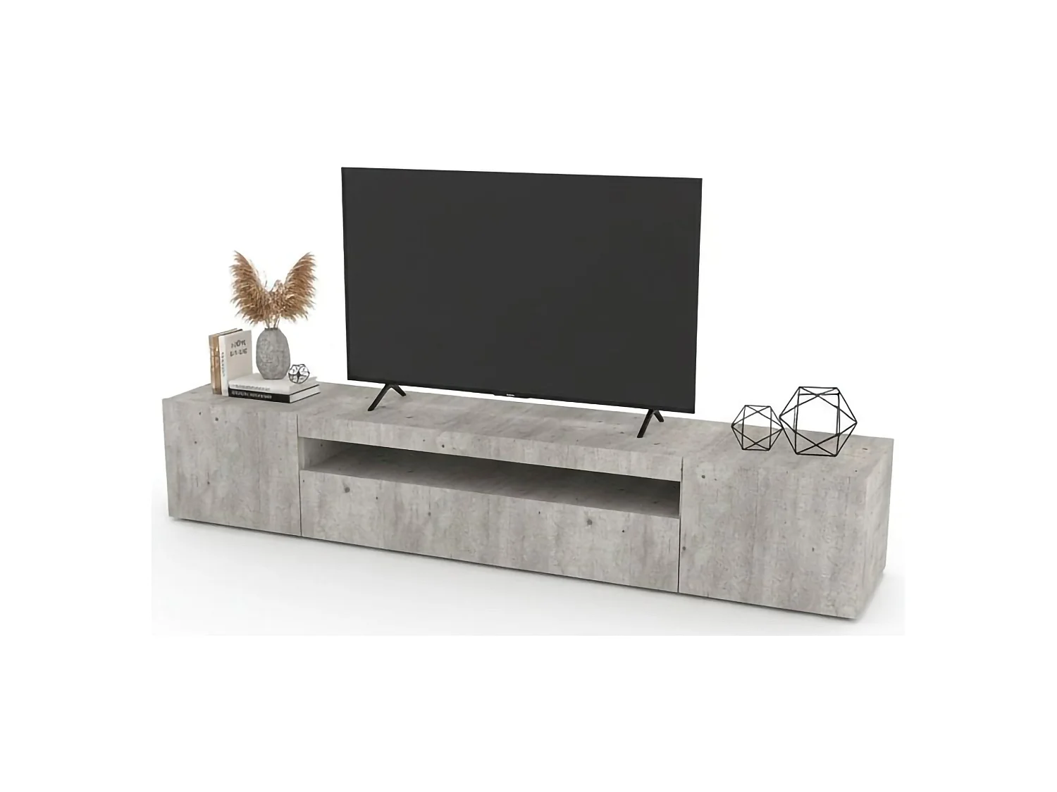 Meuble TV Jesse, Buffet bas de salon avec 3 portes, Base pour meuble TV, 100% Made in Italy, 200x40h37 cm, Ciment, avec lumière LED