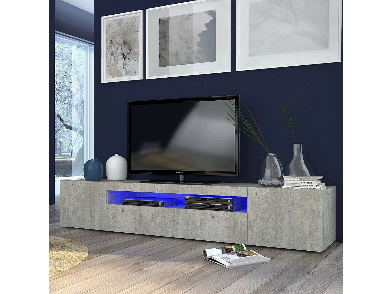 Meuble TV Jesse, Buffet bas de salon avec 3 portes, Base pour meuble TV, 100% Made in Italy, 200x40h37 cm, Ciment, avec lumière LED