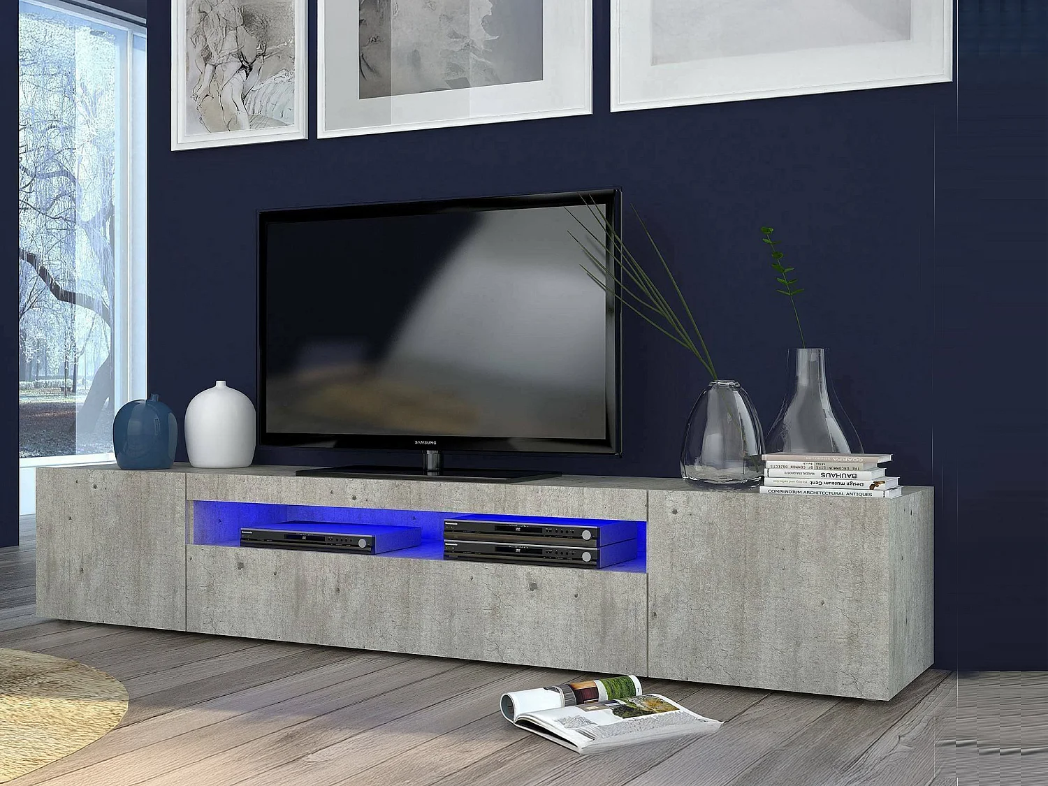 Mobile porta TV Jesse, Credenza bassa da soggiorno a 3 ante, Base porta televisione, 100% Made in Italy, cm 200x40h37, Cemento, con luce LED