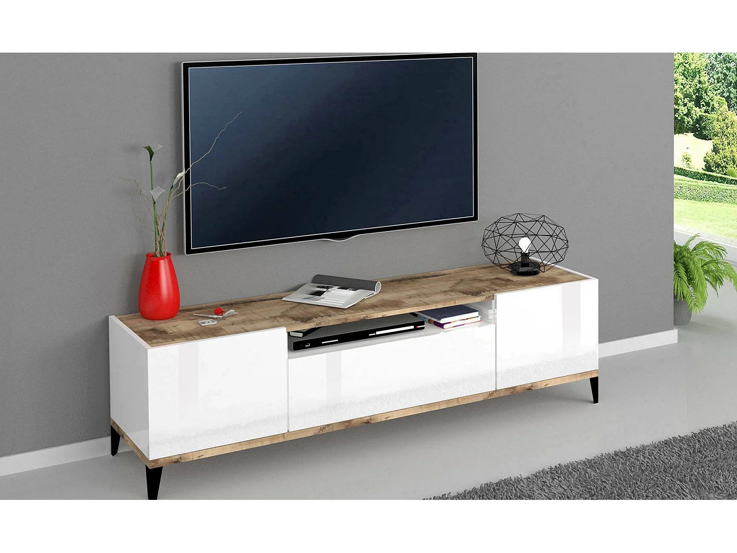 Meuble TV Ivan, Buffet bas de salon avec 2 portes, Base pour meuble TV, 100% Made in Italy, 160x40h47 cm, Blanc brillant et érable