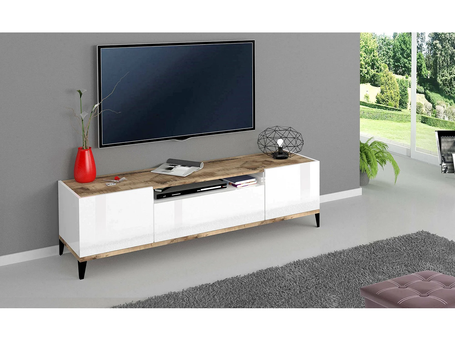 TV-Schrank Ivan, niedriges Wohnzimmer-Sideboard mit 2 Türen, Fernsehständer-Basis, 100 % Made in Italy, 160 x 40 x 47 cm, glänzendes WeiÃŸ und Ahorn,