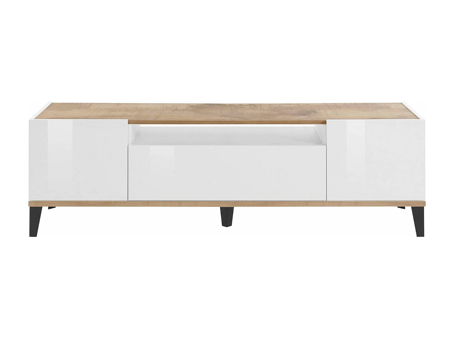 TV-Schrank Ivan, niedriges Wohnzimmer-Sideboard mit 2 Türen, Fernsehständer-Basis, 100 % Made in Italy, 160 x 40 x 47 cm, glänzendes WeiÃŸ und Ahorn,