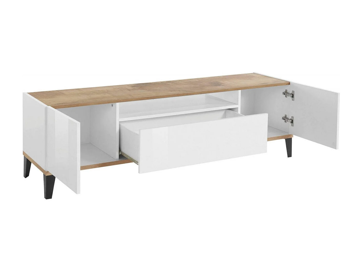 TV-Schrank Ivan, niedriges Wohnzimmer-Sideboard mit 2 Türen, Fernsehständer-Basis, 100 % Made in Italy, 160 x 40 x 47 cm, glänzendes WeiÃŸ und Ahorn,
