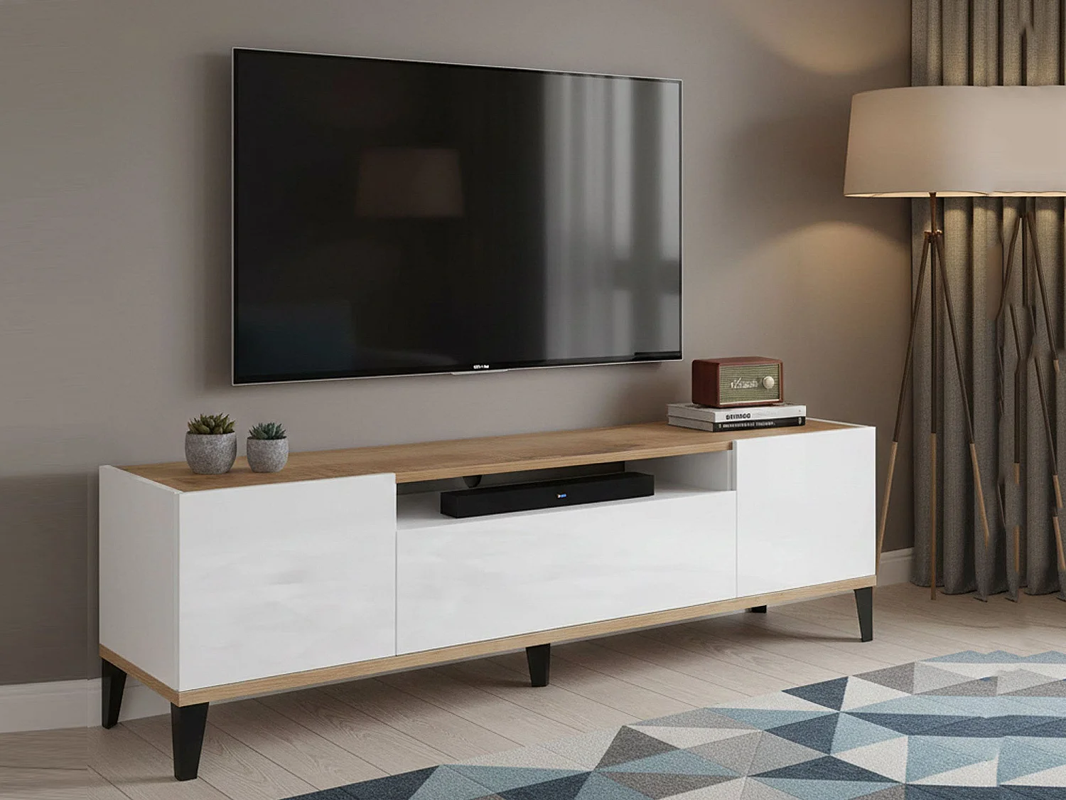 Móvel de TV Ivan, Aparador baixo de sala com 2 portas, Base de móvel de televisão, 100% Fabricado na Itália, 160x40h47 cm, Branco brilhante e bordo