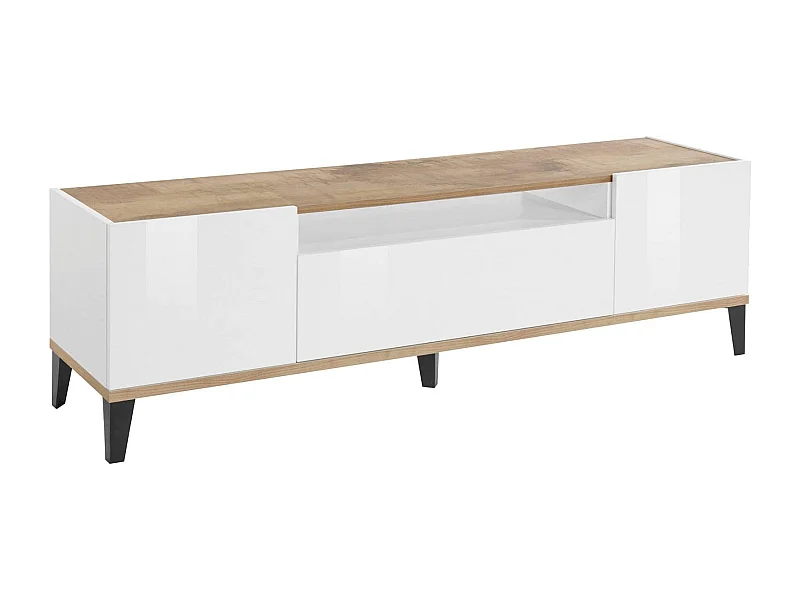 TV-Schrank Ivan, niedriges Wohnzimmer-Sideboard mit 2 Türen, Fernsehständer-Basis, 100 % Made in Italy, 160 x 40 x 47 cm, glänzendes WeiÃŸ und Ahorn,