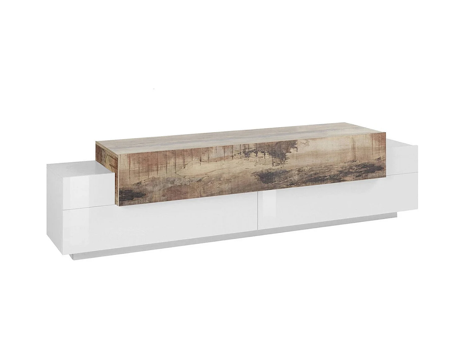 Meuble TV Teo, Buffet bas de salon, Base pour meuble TV, 100% Made in Italy, 200x45h52 cm, Blanc brillant et érable