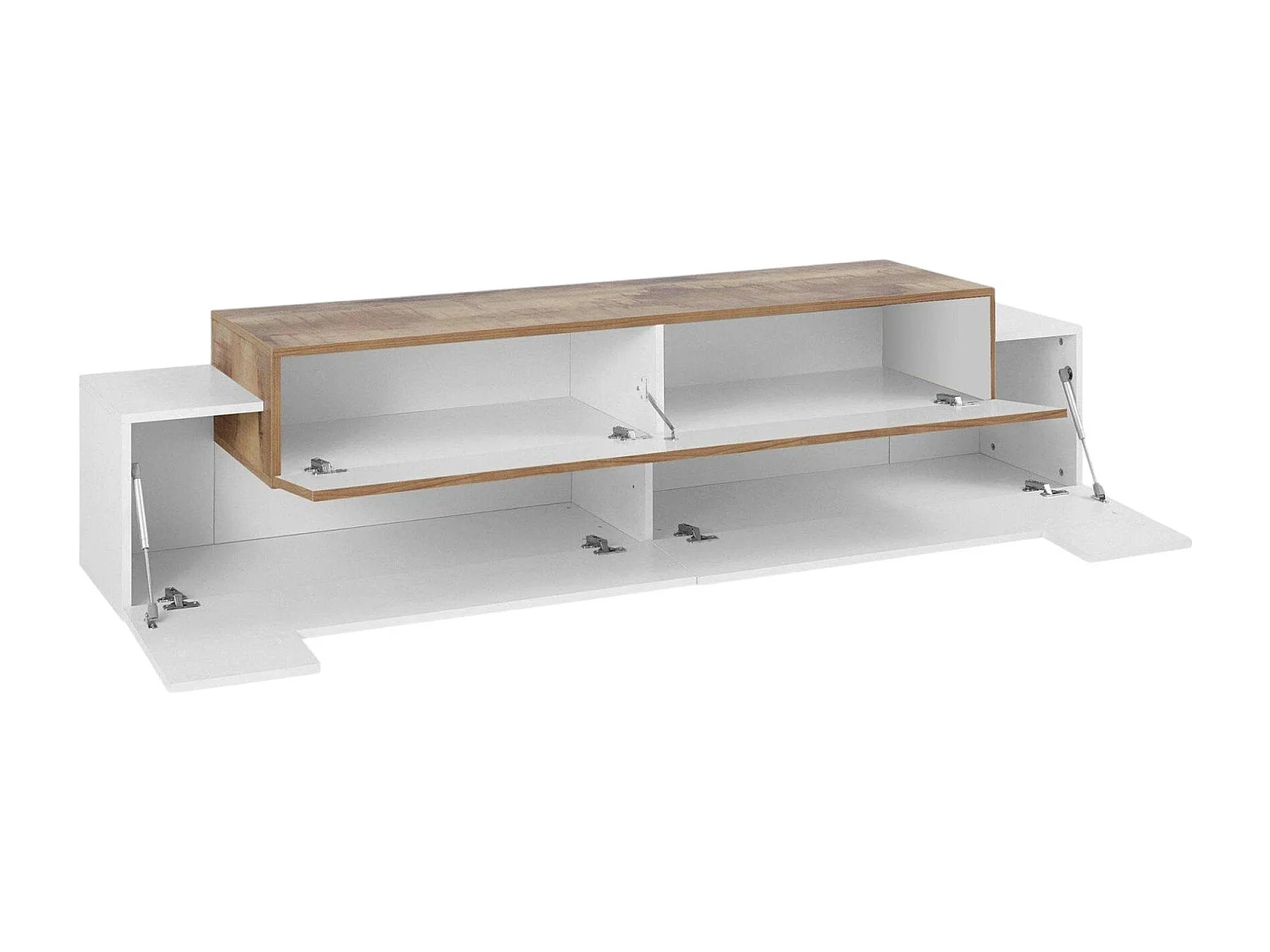 Meuble TV Teo, Buffet bas de salon, Base pour meuble TV, 100% Made in Italy, 200x45h52 cm, Blanc brillant et érable