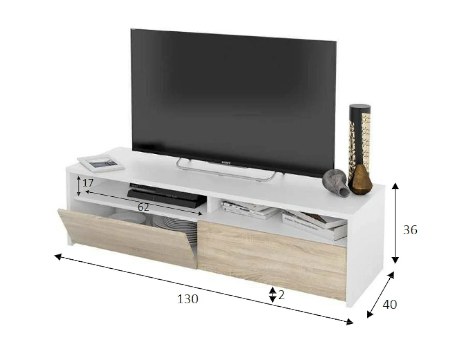 Dmora Tv-meubel Henderson 40x130x36h cm Wit 2 Planken, 2 Opbergvakken, 2 Deuren