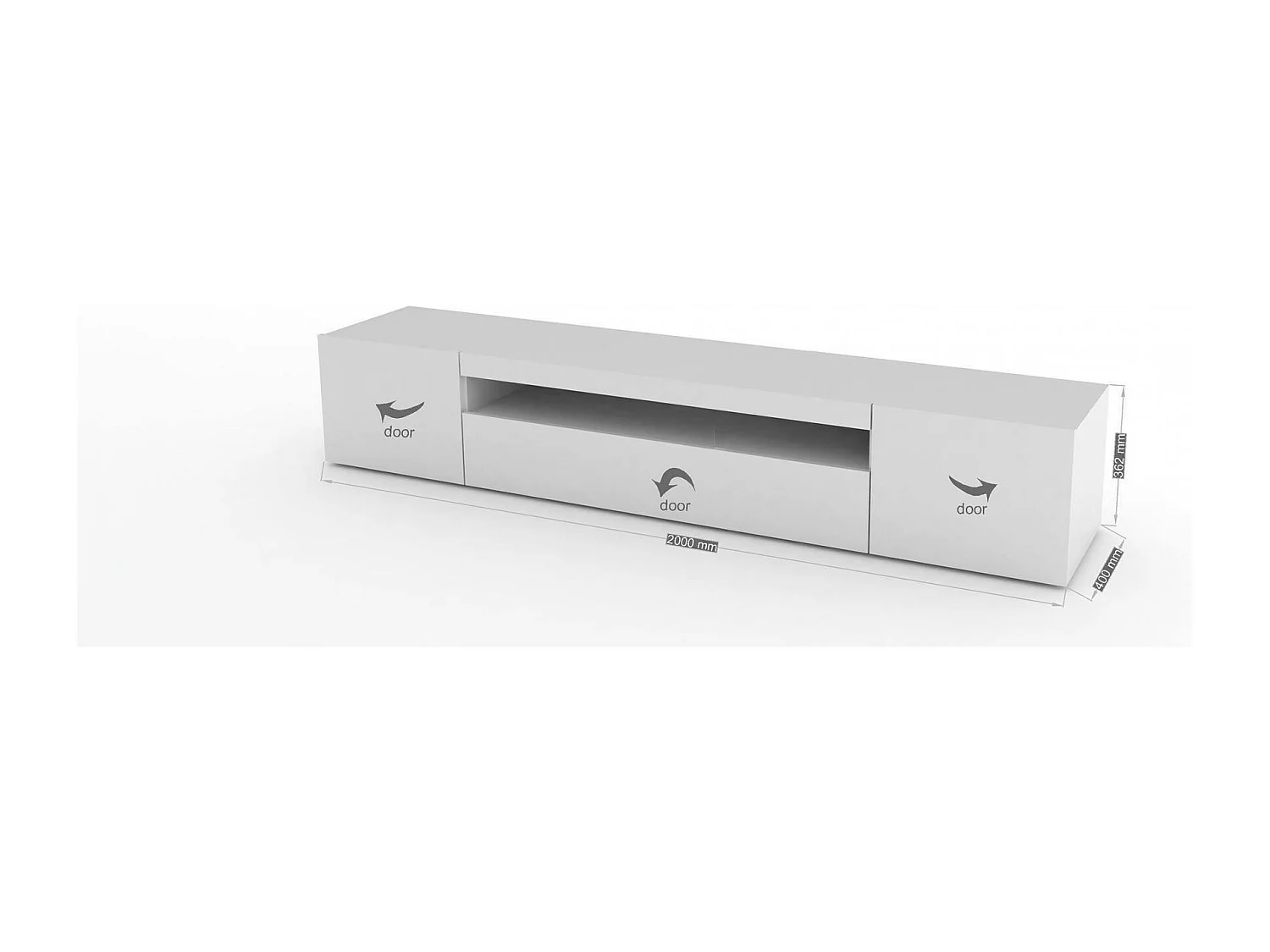 Móvel de TV Jesse, Aparador baixo de sala com 3 portas, Base de móvel de televisão, 100% Fabricado em Itália, 200x40h37 cm, Branco brilhante, com luz LED