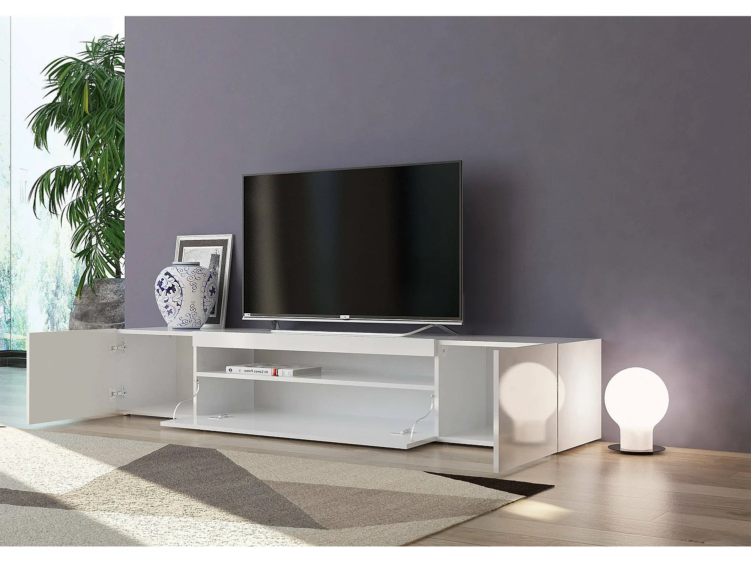 Móvel de TV Jesse, Aparador baixo de sala com 3 portas, Base de móvel de televisão, 100% Fabricado em Itália, 200x40h37 cm, Branco brilhante, com luz LED