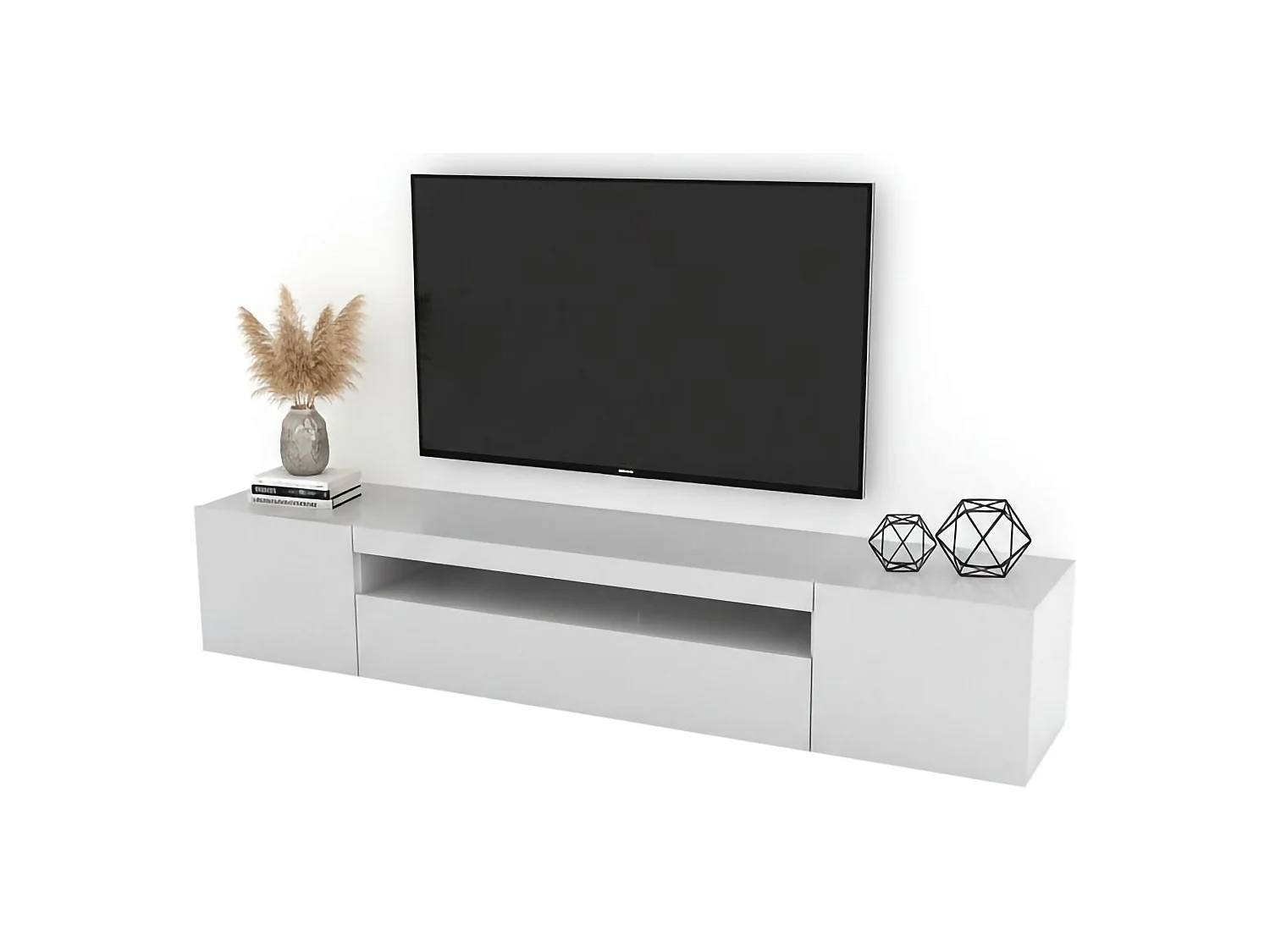 Móvel de TV Jesse, Aparador baixo de sala com 3 portas, Base de móvel de televisão, 100% Fabricado em Itália, 200x40h37 cm, Branco brilhante, com luz LED