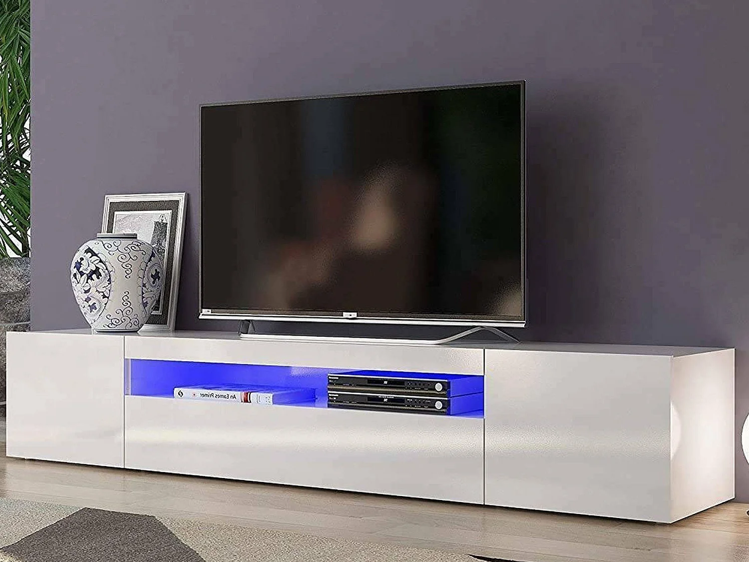 Móvel de TV Jesse, Aparador baixo de sala com 3 portas, Base de móvel de televisão, 100% Fabricado em Itália, 200x40h37 cm, Branco brilhante, com luz LED